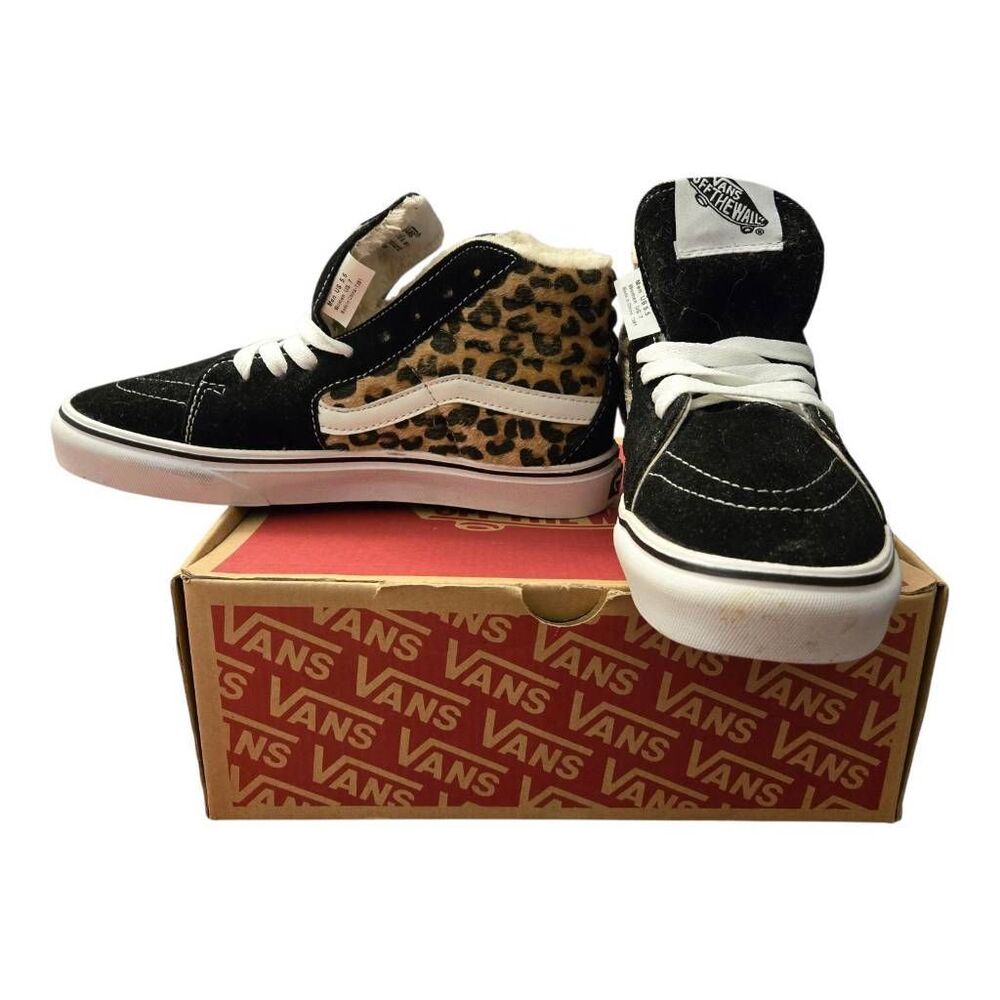 VANS Women's Size 7 Sk8-Hi High Top Lace-Up Sneakers Black Tan Leopard Faux Fur
